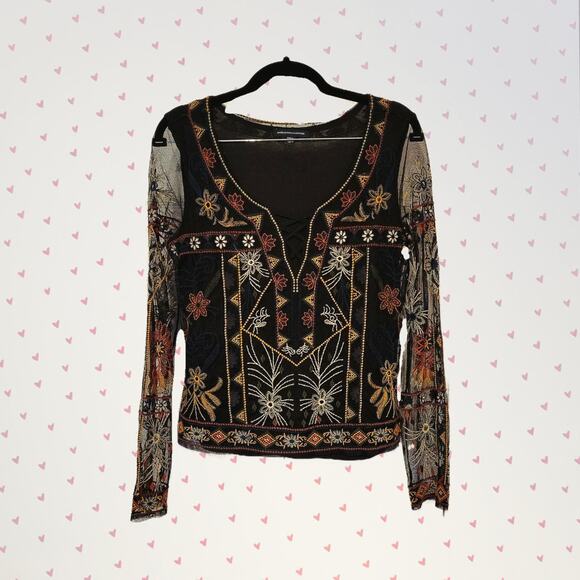 American Eagle Outfitters, S | Embroidered Double Lined Blouse Sheer Sleeves - Picture 1 of 7